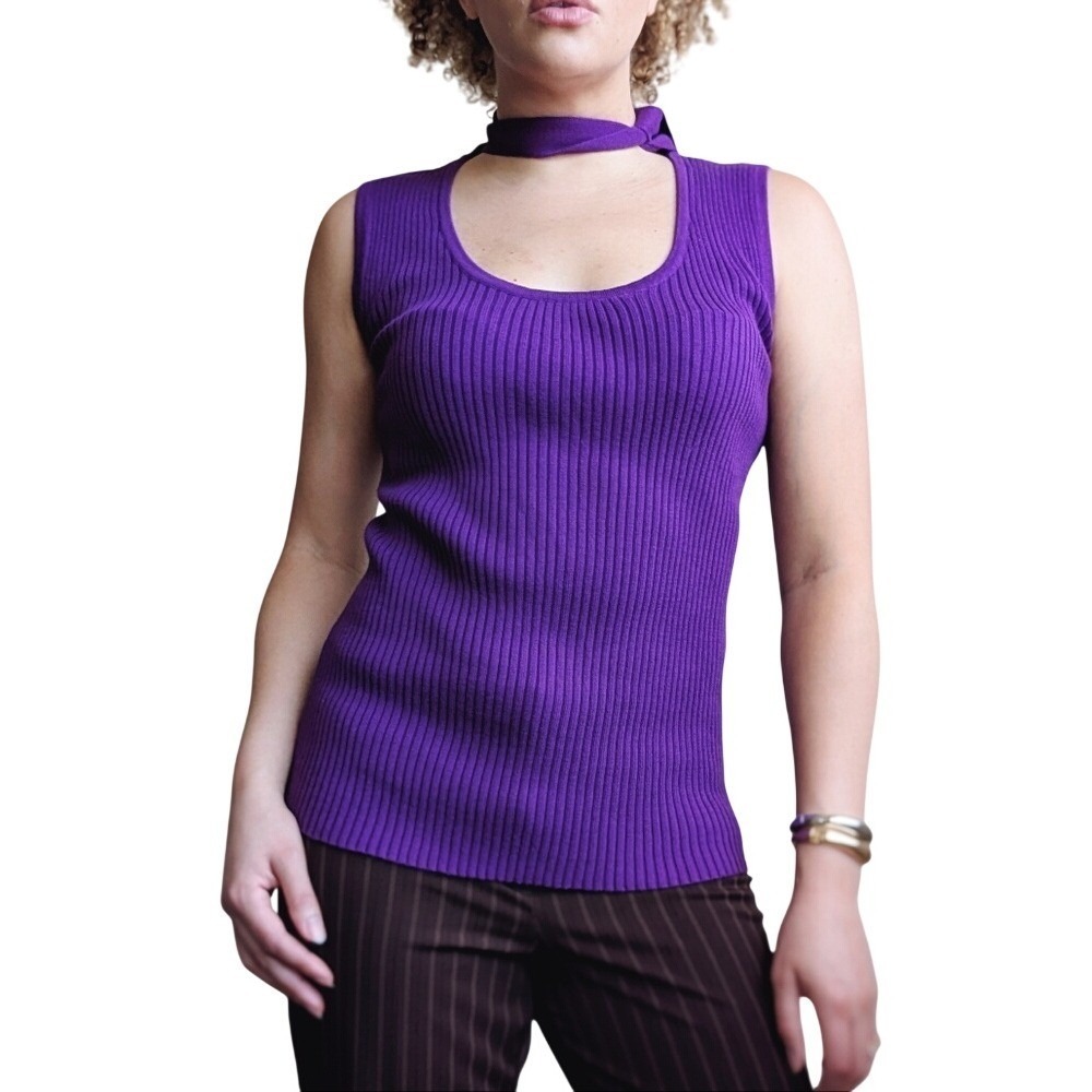 Vintage 90s Y2k Glamour Royal Purple Built In Neck Scarf Knitted Tank Top